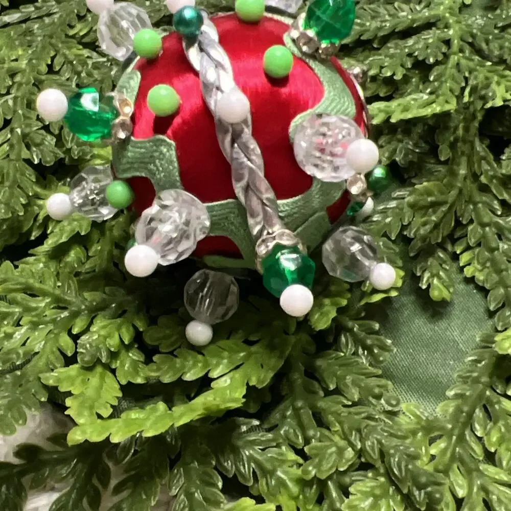 Set of 2 Mini Push Pin Sequins Satin Thread Ball Christmas Ornaments Santa Peace